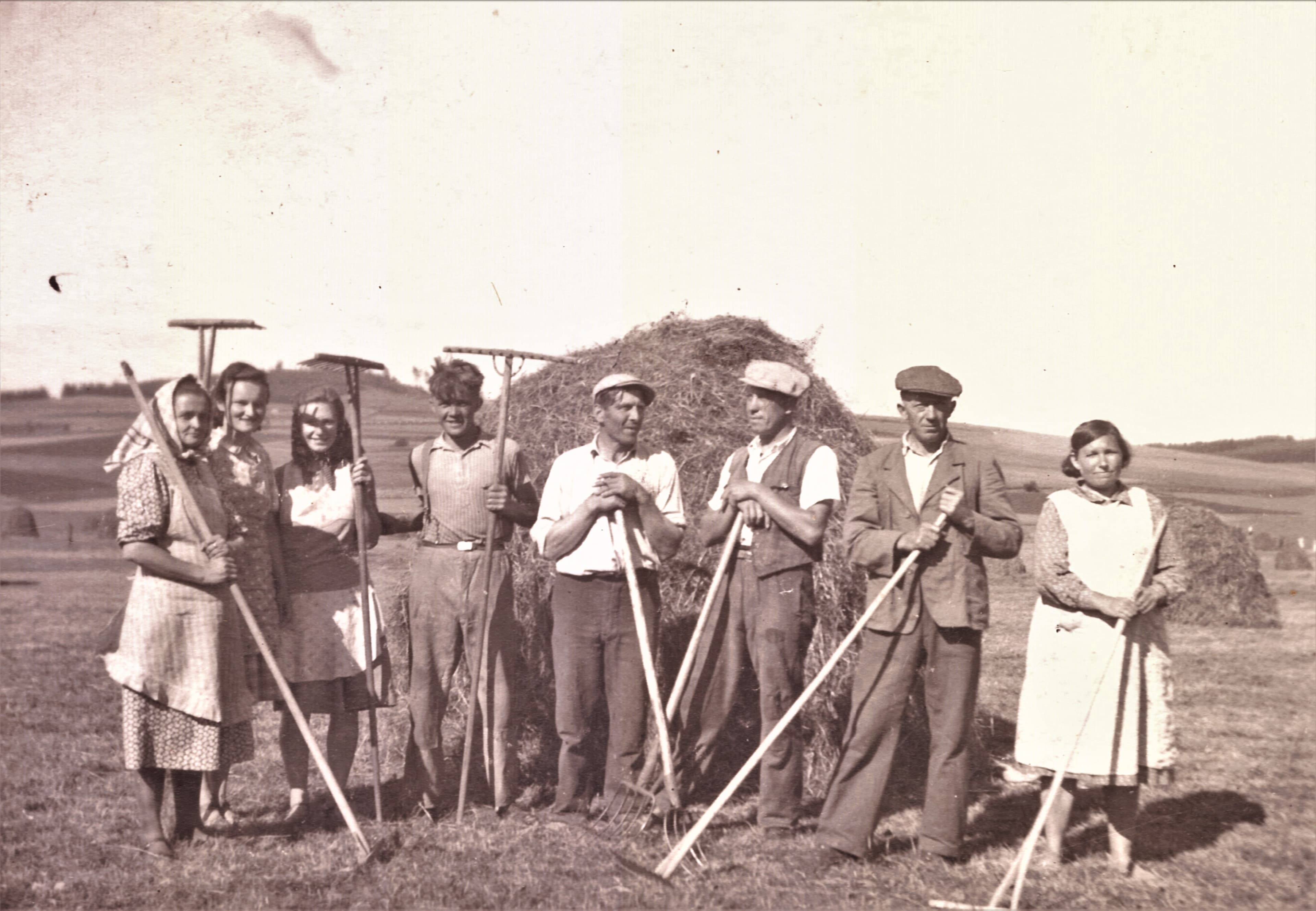 Senoseč u mlýna Valcha, 1943. Třetí zleva sestra pana Švancary, Jarmila Odehnalová.