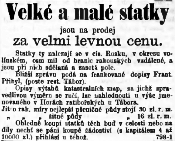 Inzerát z deníku Národní listy, roč. 8, č. 55 z 25. února 1868, s. 4