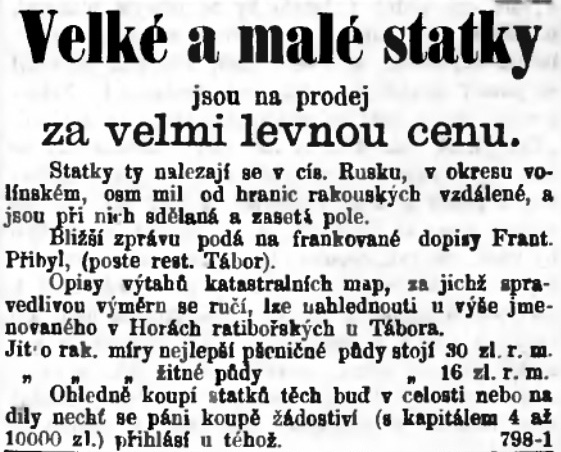 Inzerát z deníku Národní listy, roč. 8, č. 55 z 25. února 1868, s. 4
